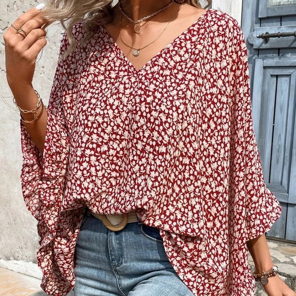 Boho Ditsy Floral Print Batwing Sleeve Blouse - Picture 5 of 5
